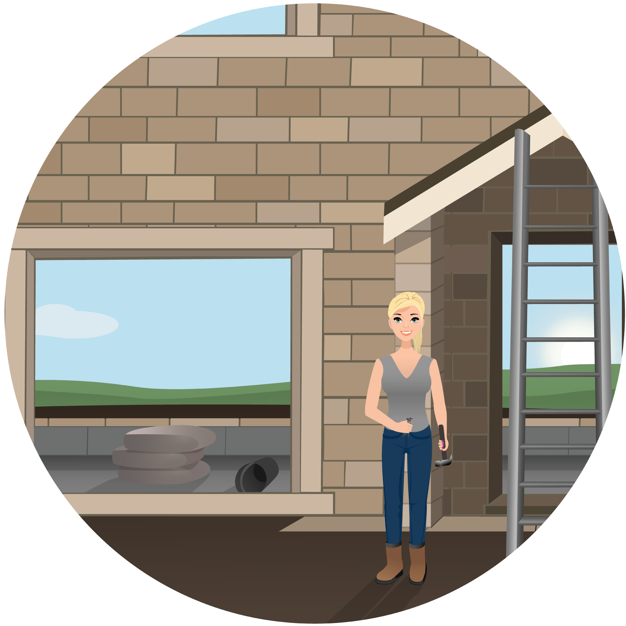 An image of Naomi from Naomi Financial stood outside a building that is in the process of being built. She is stood holding a hammer and a handful of nails.
