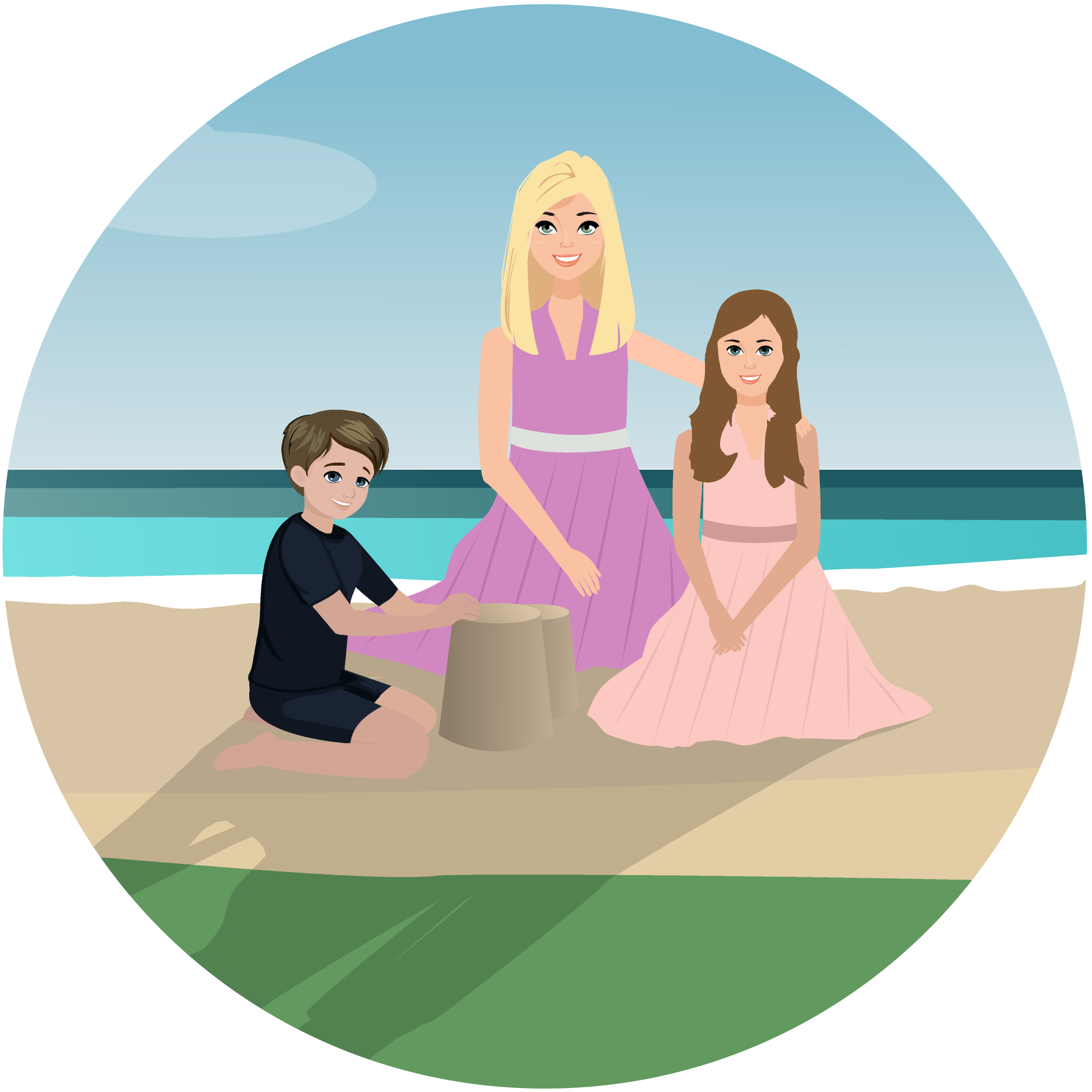 A woman sat on a beach with her two children. She has family income benefit which supports the family if she is ill.