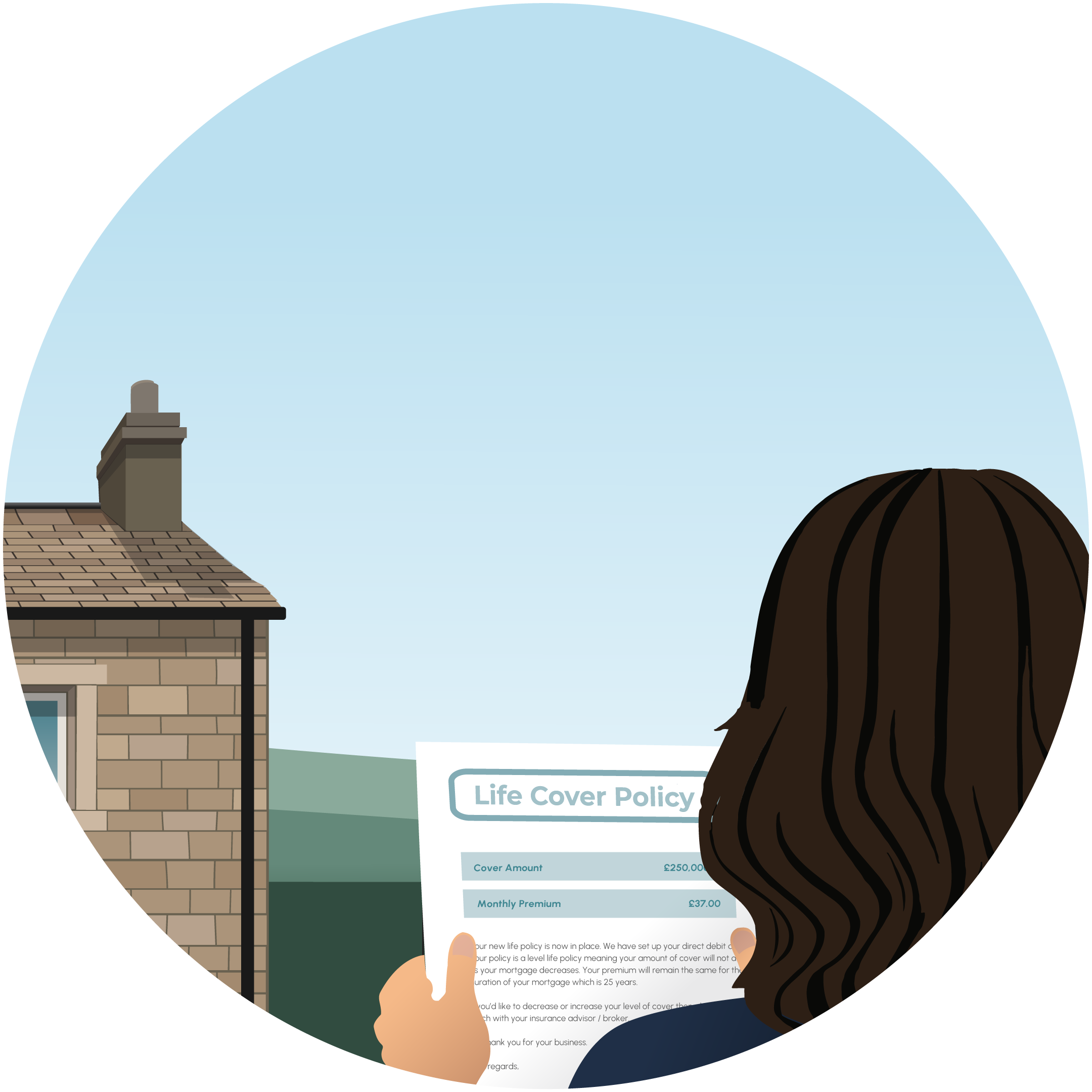 A woman holding a letter showing her new life insurance policy details.