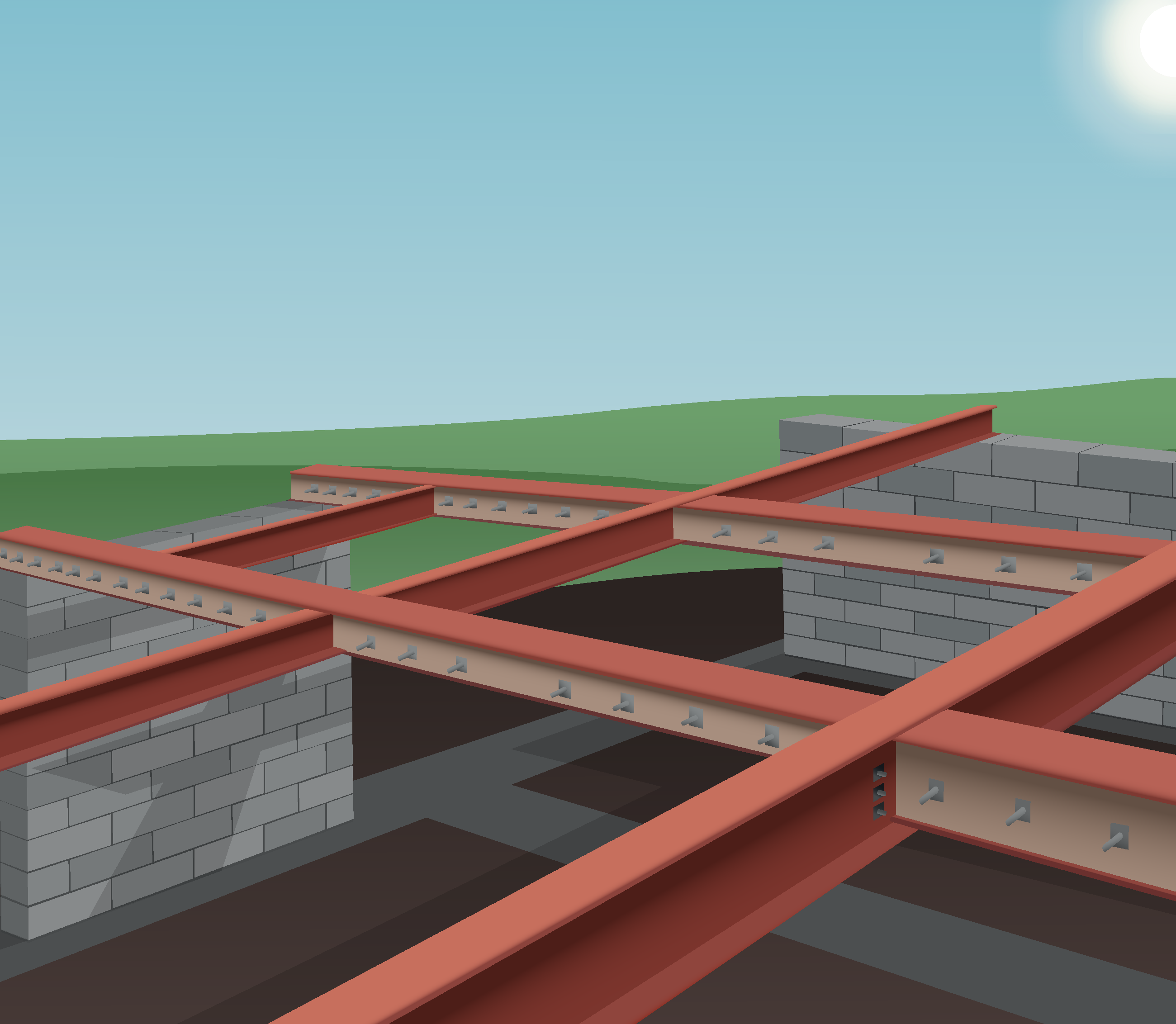 An image of steel resting on supporting walls on a construction site