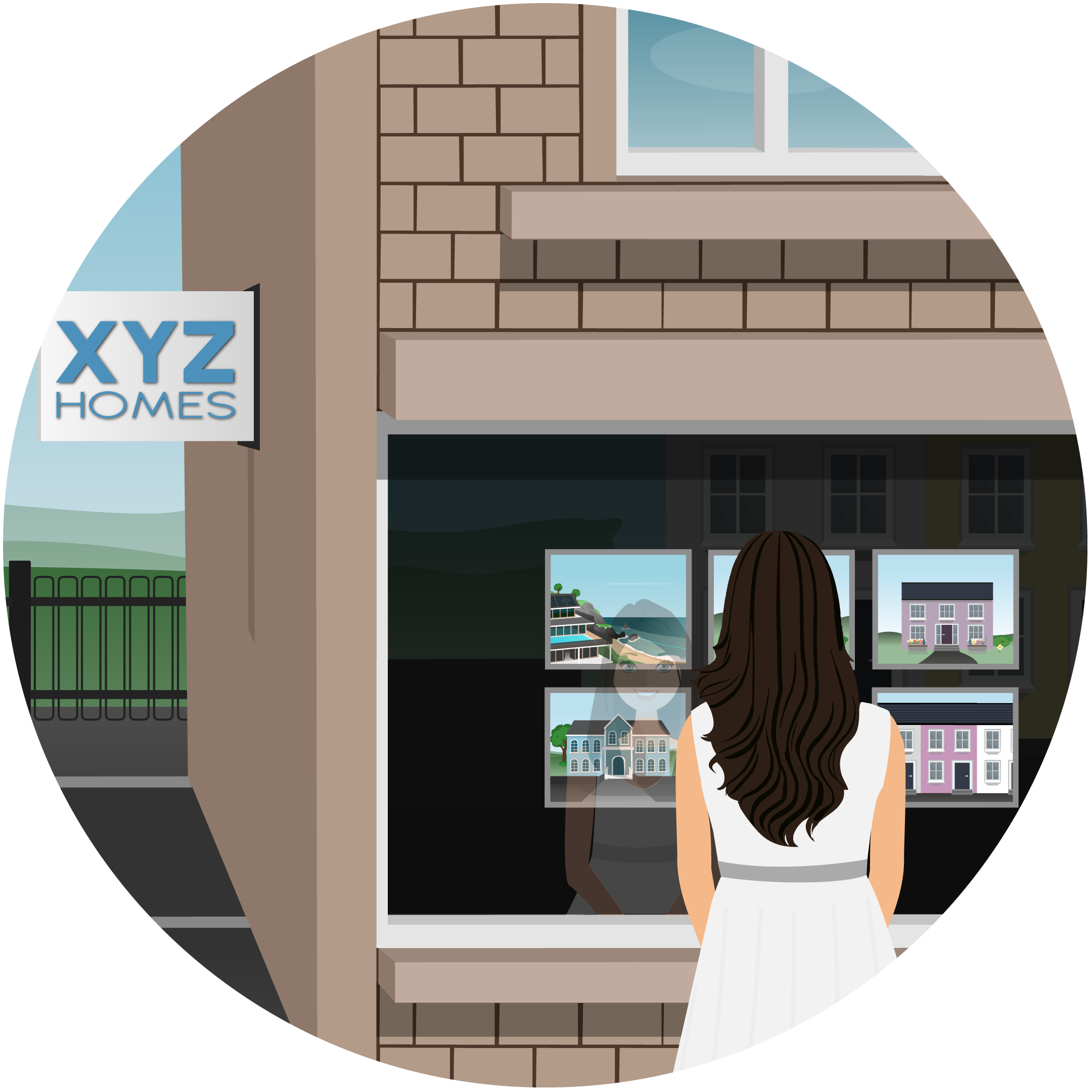A woman stood looking into an estate agents window and there is a flat above the shop indicating it is a semi-commercial property.